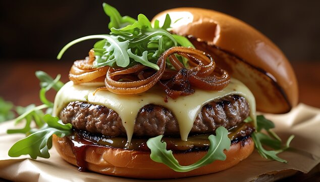 Delicious gourmet cheeseburger with caramelized onions and fresh arugula on a toasted bun