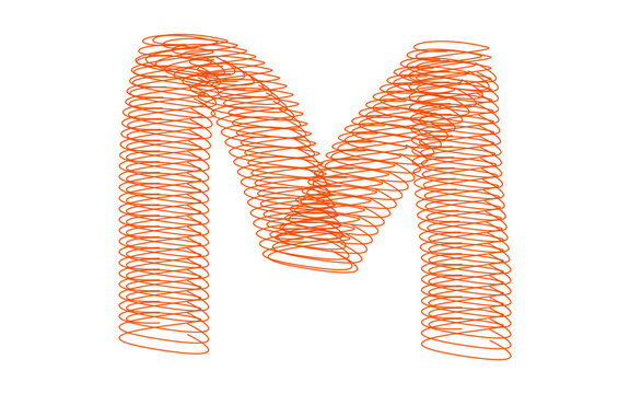Letter M. Orange Spiral. 3D Typography. An isolated 3D orange spiral wireframe letter M PNG clip art on a transparent background for a creative logo, alphabet, or flexible concept.
