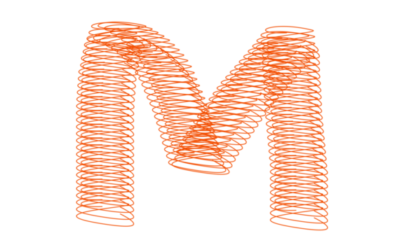 Letter M. Orange Spiral. 3D Typography. An isolated 3D orange spiral wireframe letter M PNG clip art on a transparent background for a creative logo, alphabet, or flexible concept.