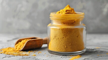 Vibrant golden turmeric powder in a clear glass jar, with a wooden scoop, ready for culinary uses or wellness applications