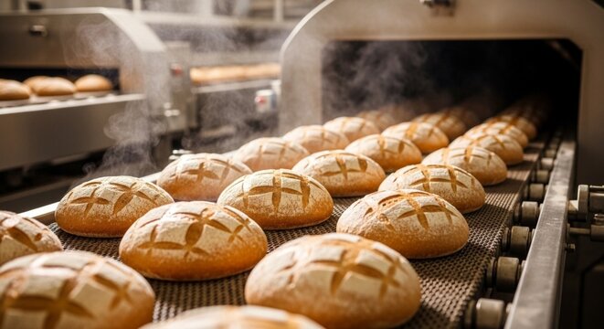 Freshly baked bread loaves on a conveyor belt in a commercial bakery oven.