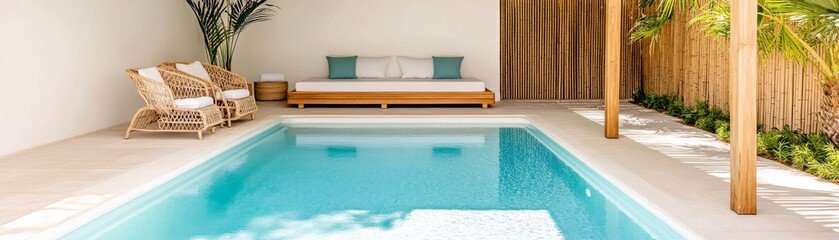 Naklejka premium Luxury Poolside Retreat with Wicker Chairs and Daybed, tropical , resort