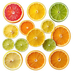 Obraz premium An overhead view of various citrus fruit slices against a black background.