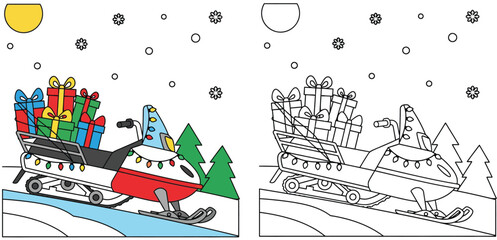 Snowmobile with Christmas gifts coloring page. Motor sled with presents in winter forest. Educational worksheet for kids. Vector illustration.
