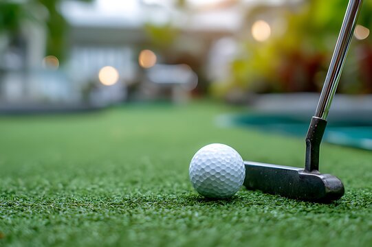 A golf ball and putter rest on a lush green surface near a pool