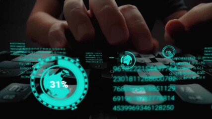Time lapse of man working on laptop computer keyboard with graphic user interface GUI hologram showing big data science technology, digital network connection and computer programming algorithm. Glean - Powered by Adobe