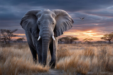 Majestic Elephant at Sunset in African Savanna