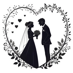 Bride Groom Silhouette Heart Floral Frame Wedding Illustration 