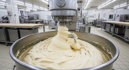 Industrial mixer blending dough in a commercial kitchen, creating a smooth, creamy texture for baking.