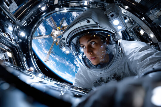 Astronaut in Spacecraft Observes Earth and Satellite