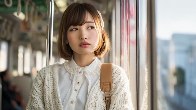 女性が電車の窓辺でクリーム色カーディガン姿のまま夕光を見つめる