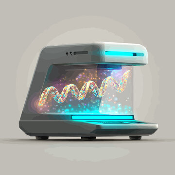 A DNA sequencing machine with glowing strands in futuristic design