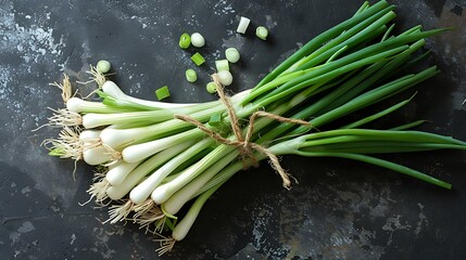 Vibrant green onions freshly harvested, neatly bundled with twine and displayed on a rustic dark surface, ready for culinary use