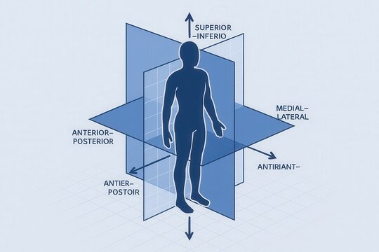 Anatomical reference system demonstrating superior and inferior, medial and lateral, and anterior and posterior orientations captured in a modern graphic illustration of human form