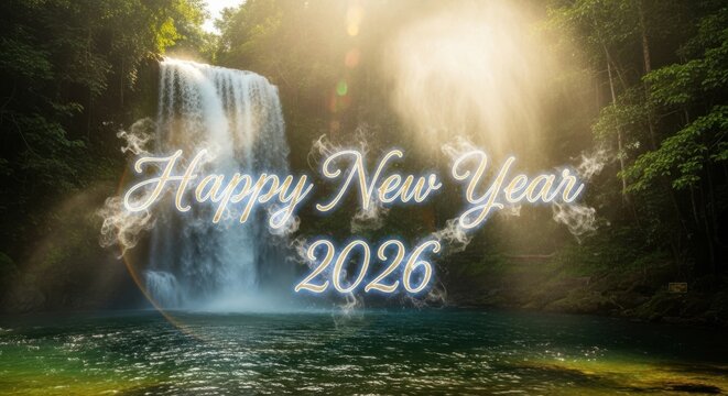 Happy new year 2026 glowing text over tropical waterfall scene