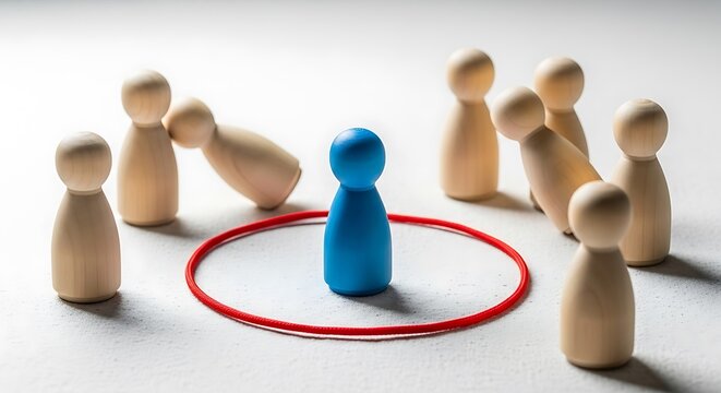 Blue figure surrounded by wooden figures isolated on white background, exclusion