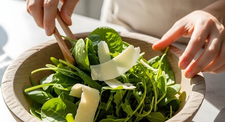 Fresh salad preparation hands tossing ingredients in wooden bowl