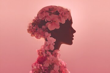 Stunning profile of a woman adorned with soft pink blossoms against a dreamy ethereal background, a captivating floral portrait expressing beauty and femininity
