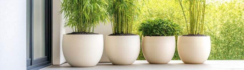 Obraz premium Modern Balcony Decor Bamboo and Greenery in White Planters, outdoor plants, home decor