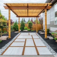 Fototapeta premium Modern Garden Path with Bamboo Pergola Pavers, Rocks and Landscape, backyard , design