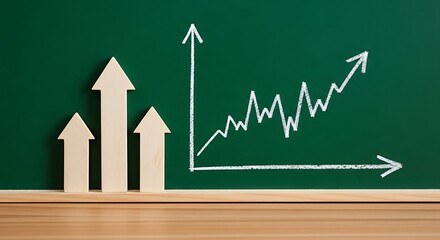 Upward trend shown by arrows and a line graph on a green chalkboard