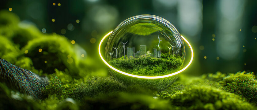 Crystal glass sphere lush moss miniature green city wind turbine eco friendly futuristic glowing ring forest sustainability clean energy. vibrant hopeful scene