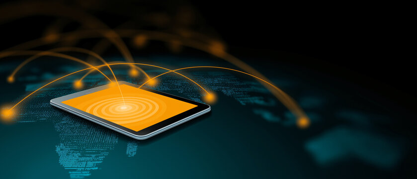 Tablet digital technology glowing amber teal corporate palette centered world map network connection communication modern innovation data transfer futuristic global internet wireless device touch