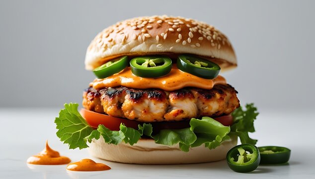 Delicious grilled chicken burger with jalape?os and spicy sauce on a sesame seed bun