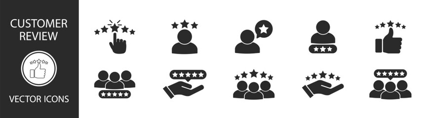 Five-star rating and review icon set with client satisfaction, positive feedback, quality and success symbols on transparent background