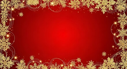 Elegant Golden Snowflake Border on Vibrant Red Background for Festive Holiday Designs