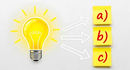 Light bulb with arrows pointing to sticky notes labeled a, b, and c