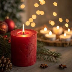Red Christmas Candle Heart Flame Pine Cones Bokeh Lights 