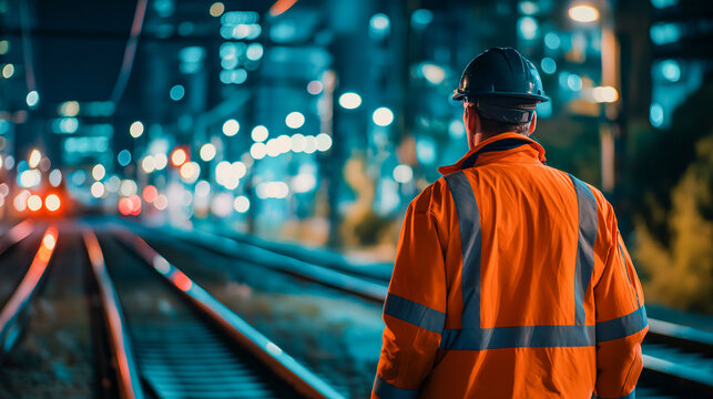 Railway safety engineer in orange hi vis jacket stands on track at night, illuminated by city lights, ensuring transportation safety with focused, professional attention to detail