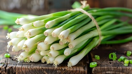 Vibrant green onions freshly harvested, neatly bundled with twine, presented on a rustic wooden surface, perfect for culinary delights
