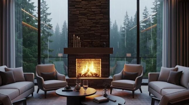 Wide shot of a cozy living space with a stone fireplace and forest view through windows.