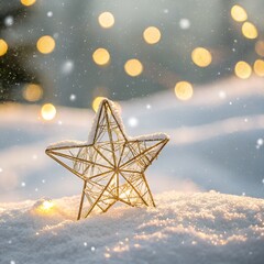 Golden Christmas Star in Snow Magical Bokeh Winter Lights
