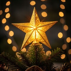 Christmas Tree Star Topper Golden Sparkling Lights