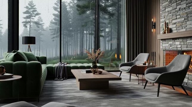 Modern, minimalist living room with a forest view on a foggy, cold day.