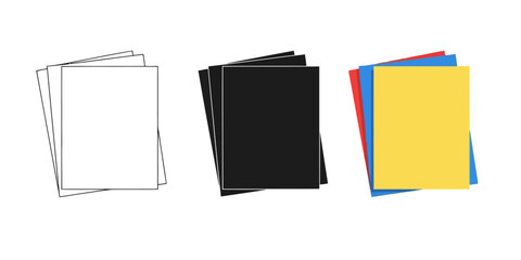 Three stacks of paper in different styles outline, silhouette, and colored, offering versatile visual representations on transparent background
