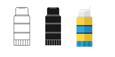 Three styles vector set line art, silhouette and color version illustration of a glue stick with cap