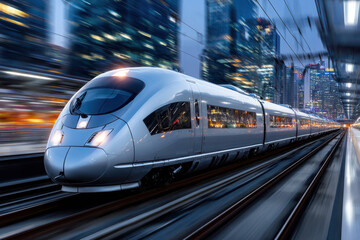 Silver Bullet Train Speeding Through City at Dusk