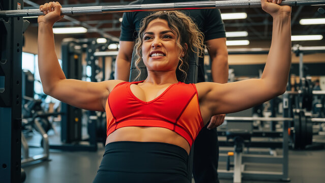 Strong Woman Performing Bench Press with Spotter at Gym