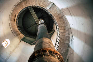 Inside the Historic Water Tower with Riveted Steel Tank, Spiral Staircase, Preserved Industrial Heritage in Komarno, Komarom, Slovakia