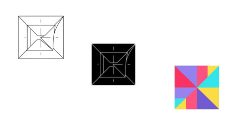 Geometric square designs in outline, silhouette, and colorful patterns, offering diverse visual interpretations on transparent background