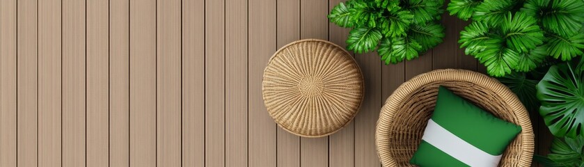 Obraz premium Outdoor wicker furniture, plants, wood deck, top view, relax ,terrace