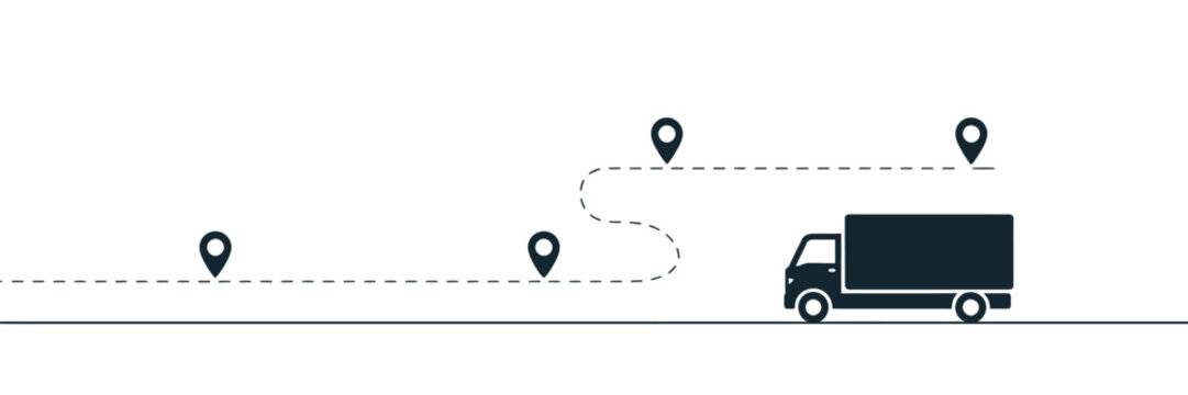 Delivery truck following a dotted line route with location pins