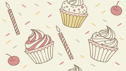 seamless pattern, cupcakes and candles scattered