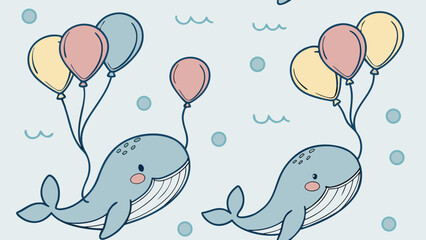 Watercolor seamless pattern, baby whales and balloons, light blue background