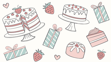 Watercolor seamless pattern, cakes and gifts mix, white background