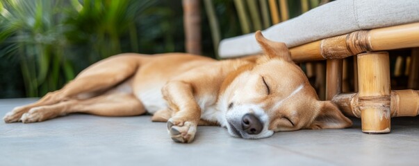 Obraz premium Peaceful Pup Dog Napping near Rattan Furniture in Garden Setting, pet, rest